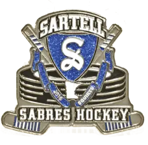 Sartell Sabres Hockey logo featuring blue and silver colors. Includes a shield with an S in the center, crossed hockey sticks, pucks, and the text Sartell above and Sabres Hockey below.
