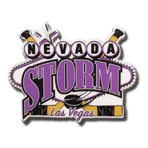 Logo for Nevada Storm Las Vegas featuring large bold purple lettering. A stylized hockey theme is included with crossed sticks and puck, along with a star above the letter E.
