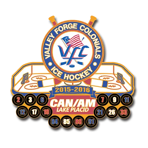 A Valley Forge Colonials ice hockey badge for the 2015-2016 season, reminiscent of Cooperstown trading pins, features crossed flags, two hockey sticks, and a rink with CAN/AM Lake Placid text. Numbers in circles are displayed below.