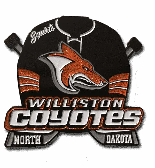 Logo featuring a stylized orange coyote head on a black hockey jersey. Text includes Williston Coyotes, Squirts, and North Dakota. Crossed hockey sticks are in the background.