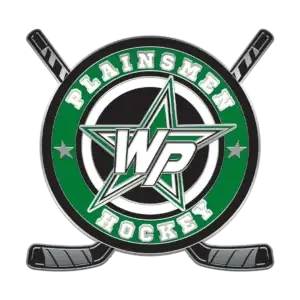 Logo featuring a large green star with WP in the center. The words Plainsmen Hockey circle the star. Two crossed hockey sticks and puck are at the bottom. The design includes black, green, and white colors.