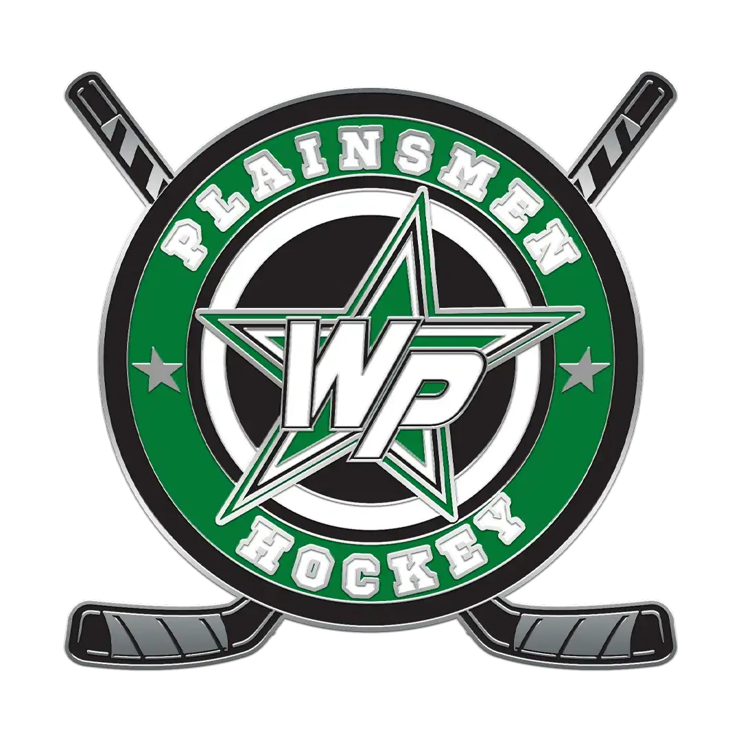 Logo featuring a large green star with WP in the center. The words Plainsmen Hockey circle the star. Two crossed hockey sticks and puck are at the bottom. The design includes black, green, and white colors.
