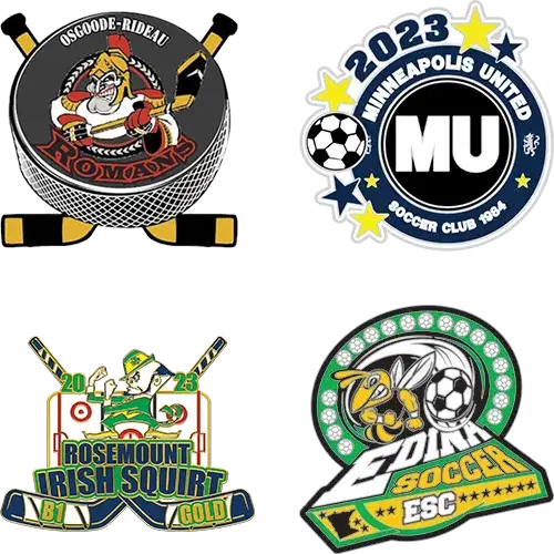 Four sports team logos are displayed: a hockey team logo with Romans, a soccer club logo with Minneapolis United 2023, a hockey logo for Rosemount Irish Squirt 2023, and an Edina ESC soccer badge featuring a bee mascot, all reminiscent of collectible Cooperstown trading pins.