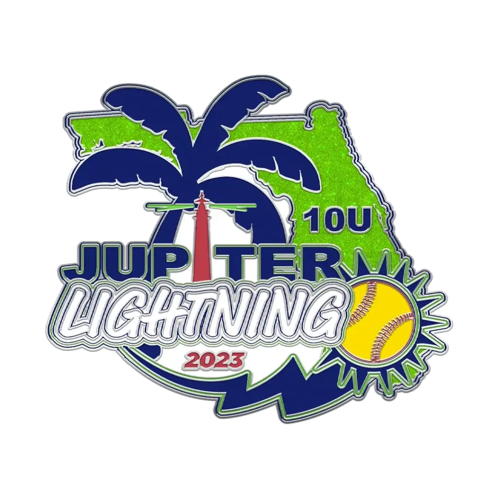 The Jupiter Lightning 10U baseball teams logo showcases a palm tree, lighthouse, and baseball set against a green outline of Florida. Perfect for softball trading pins, it includes 2023 and 10U to mark the season.