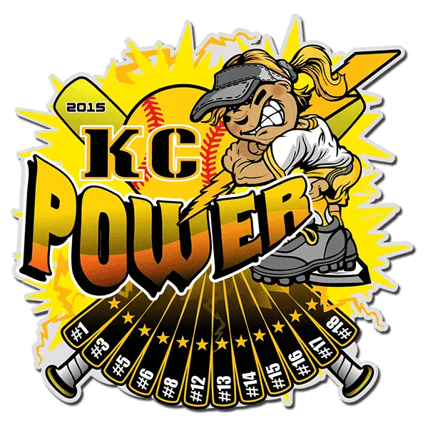 The image features a cartoon softball player holding a bat, with a ponytail and visor. KC Power is written in bold letters. The background includes a yellow burst and a softball. Various numbered bats are shown in a fan shape below.