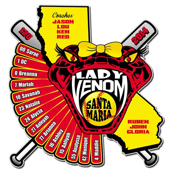 Graphic of a softball team logo featuring a stylized red and black snake face with a bow. Text includes Lady Venom Santa Maria and lists player names and numbers. Coaches names are also mentioned with the year 2014. Crossed bats frame the design.