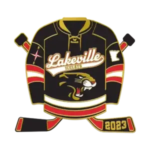 Illustration of a hockey jersey labeled Lakeville Icecats with a cat logo on the front. The jersey is black with red and gold accents, accompanied by crossed hockey sticks at the bottom, one labeled 2023.