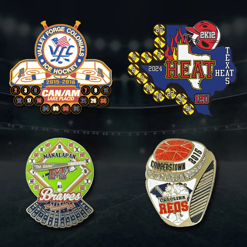 A compilation of four custom sports trading pins, including Cooperstown Pins designs for the Valley Forge Colonials, Texas Heat, Manalapan Braves, and a Cooperstown ring celebrating the Carolina Reds. Each pin features unique graphics and team logos.
