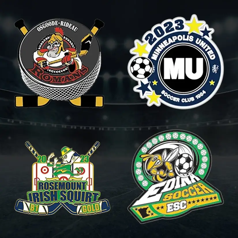Four sports team logos on a dark background resemble cooperstown trading pins. Top left is Osgoode-Rideau with crossed hockey sticks, top right is Minneapolis United with a soccer ball. Bottom left is Rosemount Irish Squirt with hockey sticks, and bottom right is Edina Soccer with a hornet and net.