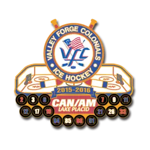 Custom hockey trading pin: Valley Forge Colonials, 2015-2016, crossed sticks, eagle & rinks—ideal for Cooperstown collectors.