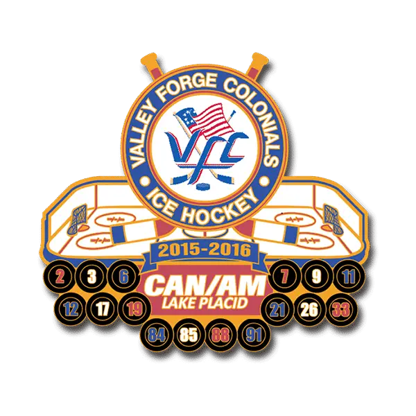 Valley Forge Colonials ice hockey logo for the 2015-2016 Can/Am Lake Placid event. Reminiscent of Cooperstown trading pins, it features hockey sticks, rinks, and player numbers with a central emblem and blue, gold, and red accents.