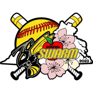 Custom softball trading pin with crossed yellow bats, bee mascot, cherry blossoms, ShenVal apple, Swarm text, and 2023 year.