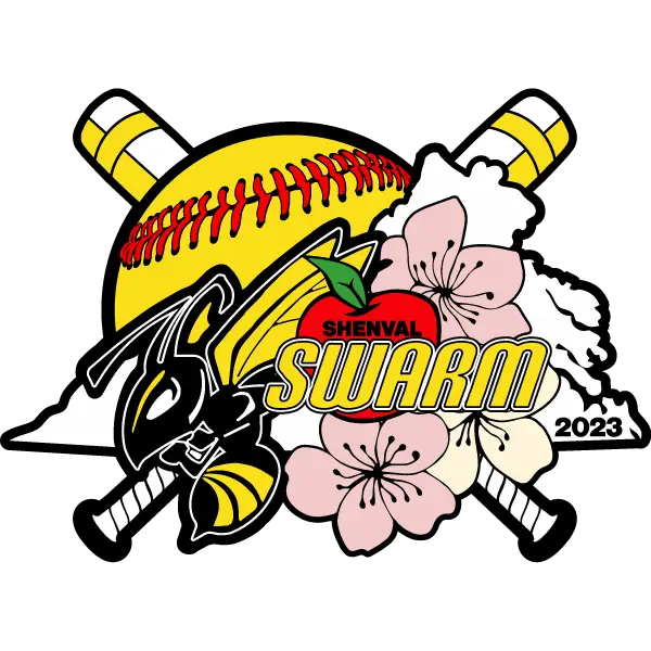 Illustration of a sports logo featuring a bee and two crossed bats in front of a yellow softball. Pink flowers adorn the right, and ShenVal Swarm 2023 is proudly displayed at the center, echoing the charm of Cooperstown trading pins.