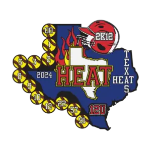 Custom Cooperstown softball trading pin: Texas graphic, red helmet, numbered yellow softballs, "2024 HEAT 12U" in flames.