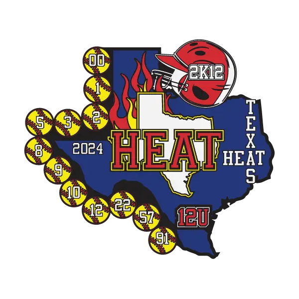 Illustration of Texas with Heat in large letters. Above is a flaming football helmet marked 2K12. Yellow softball icons with numbers border the state, evoking Cooperstown trading pins. The design proudly displays 2024 Texas Heat 12U.