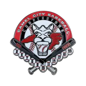 Custom Cooperstown baseball trading pin with panther, bats, map outline, Camel City text, 12U 2023, and numbered baseballs.