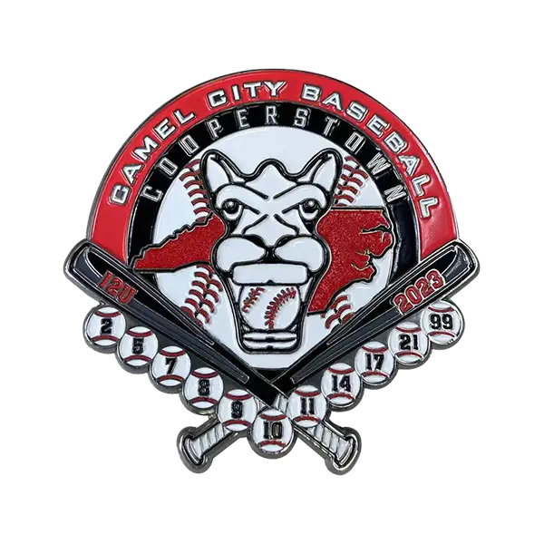 Camel City Baseball pin featuring a camel head, crossed bats, and a baseball. Text reads Camel City Baseball Cooperstown, with years from 09 to 23. The red and black color scheme highlights its timeless appeal, making it a must-have among Cooperstown trading pins enthusiasts.