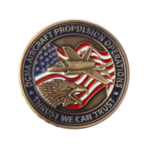 Commemorative coin with US flag, jet, eagle; ideal for Cooperstown baseball trading pins or hockey enamel pin collectors.