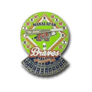 Custom Manalapan Braves Cooperstown baseball trading pin with diamond, M logo, The Game, positions, 2016 & 2017 details.