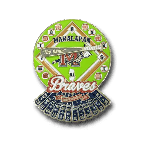 This Cooperstown trading pin showcases a baseball diamond layout with Manalapan at the top and Braves at the bottom. Featuring The Game, various numbers and letters, and a central M logo, its set against a vibrant green background for an iconic look.