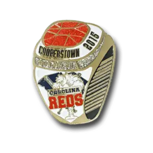 Custom Cooperstown baseball trading pin in gold, silver, red ball, crossed bats, and bold Carolina Reds team text.