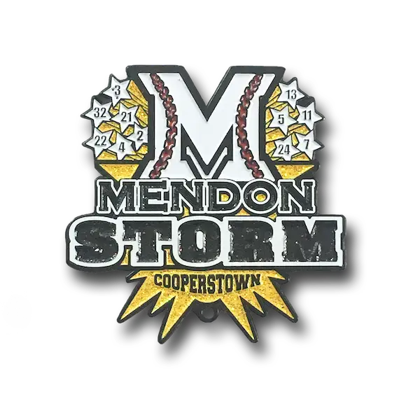 Logo for Mendon Storm, featuring a stylized M, baseball stitching, and a starburst design with numbers. Cooperstown is displayed at the bottom in a yellow star shape, making it perfect for capturing on soft enamel pins.