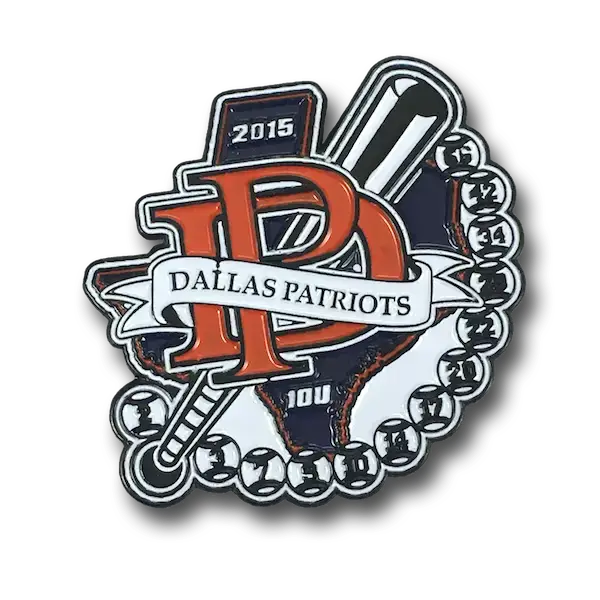 A soft enamel pin showcasing the text Dallas Patriots with a crossed bat and ball design. The year 2015 crowns the top, encircled by a series of numbers. The letters DP stand out in vibrant orange, making this pin a must-have for collectors.