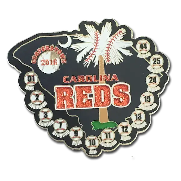 This soft enamel pin showcases a baseball-themed design with a palmetto tree, where baseballs replace the fronds, under a crescent moon—symbolizing South Carolina. It reads CAROLINA REDS with 2016 emblazoned and features 14 numbered baseballs around the border.