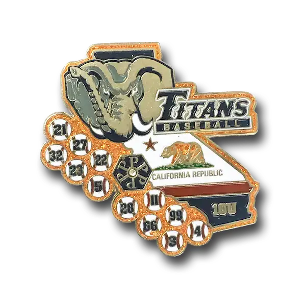 This soft enamel pin, shaped like California, showcases an elephant head with the Titans Baseball text and the California Republic flag. Numbers elegantly circle the outline for added detail.