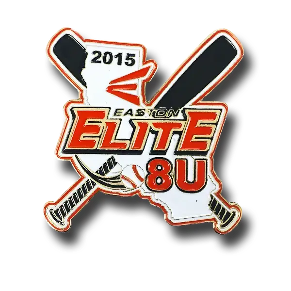 A soft enamel pin with the text Easton Elite 8U 2015 features two crossed black bats and a baseball, set against a background resembling a state outline. Designed with red, black, and white accents, it captures the spirit of youthful sportsmanship.
