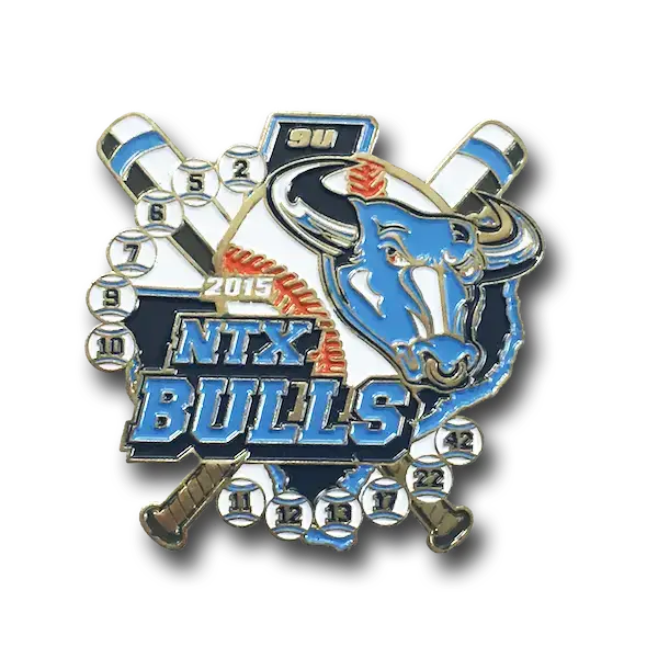 A soft enamel pin featuring a blue bulls head adorned with baseball stitching, encircled by baseballs and bats. The text proudly displays 2015 NTX BULLS, accompanied by a number sequence around the border, capturing the spirit of the game.