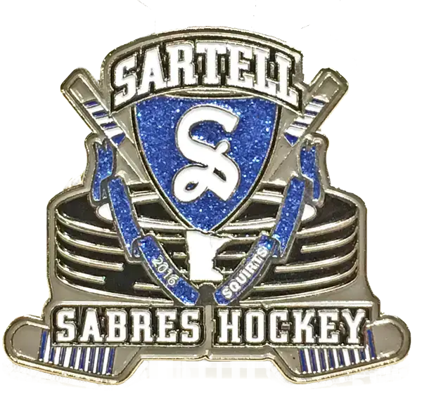 The logo of Sartell Sabres Hockey is beautifully captured in their soft enamel pins, showcasing a shield with the letter S, two crossed hockey sticks, and pucks. Featuring a blue and silver color scheme along with 2016 and SQUIRTS, these pins are both eye-catching and meaningful.