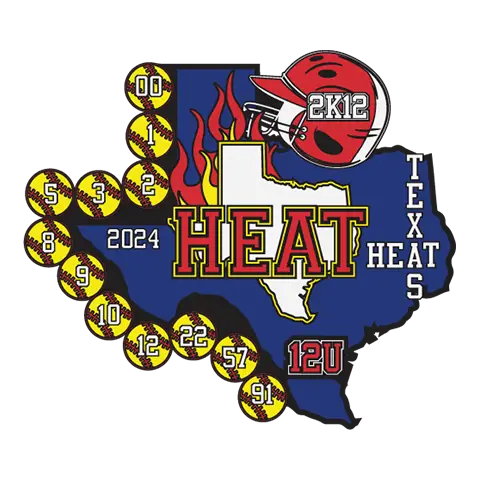 Graphic of Texas state outline with Heat in bold letters, a fiery design, and a red football helmet labeled 2K12. Thirteen footballs numbered 00 to 99 are arranged around the graphic; text reads Texas Heat 2024 12U. This unique piece pays homage to Cooperstown trading pins.