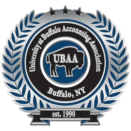 Silver and blue enamel lapel pin for University at Buffalo Accounting Association with buffalo, laurel, stars; corporate style.
