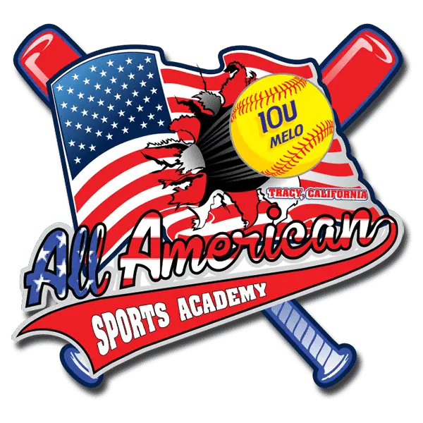 Logo for All American Sports Academy featuring a softball with 10U Melo text, crossed bats, and an American flag background—perfect for softball trading pins. The location Tracy, California is noted on the softball.