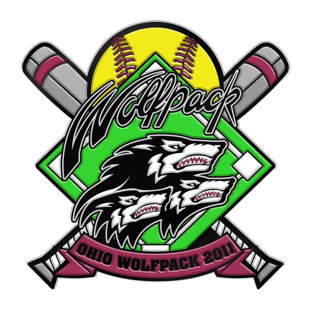 A logo featuring a yellow softball atop a green diamond, two crossed bats in the background, and the word Wolfpack in stylized script. Below, two wolf heads sit above a maroon ribbon with Ohio Wolfpack 2011, designed as perfect softball trading pins.