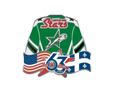 Hockey jersey adorned with Long Island Stars text above a green uniform featuring a star and comet. Surrounded by an array of hockey pins, it includes an American flag, number 67, and Quebec flags, with 2023 Pee-Wee Quebec proudly displayed below.