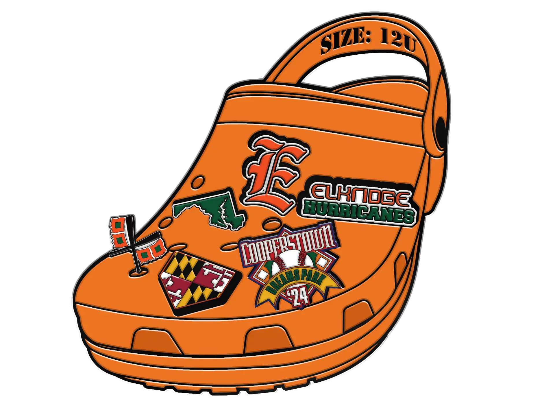Orange Croc sandal with custom baseball trading pins, Cooperstown 2024 pin, team badges, and Maryland flag; Size: 12U strap.