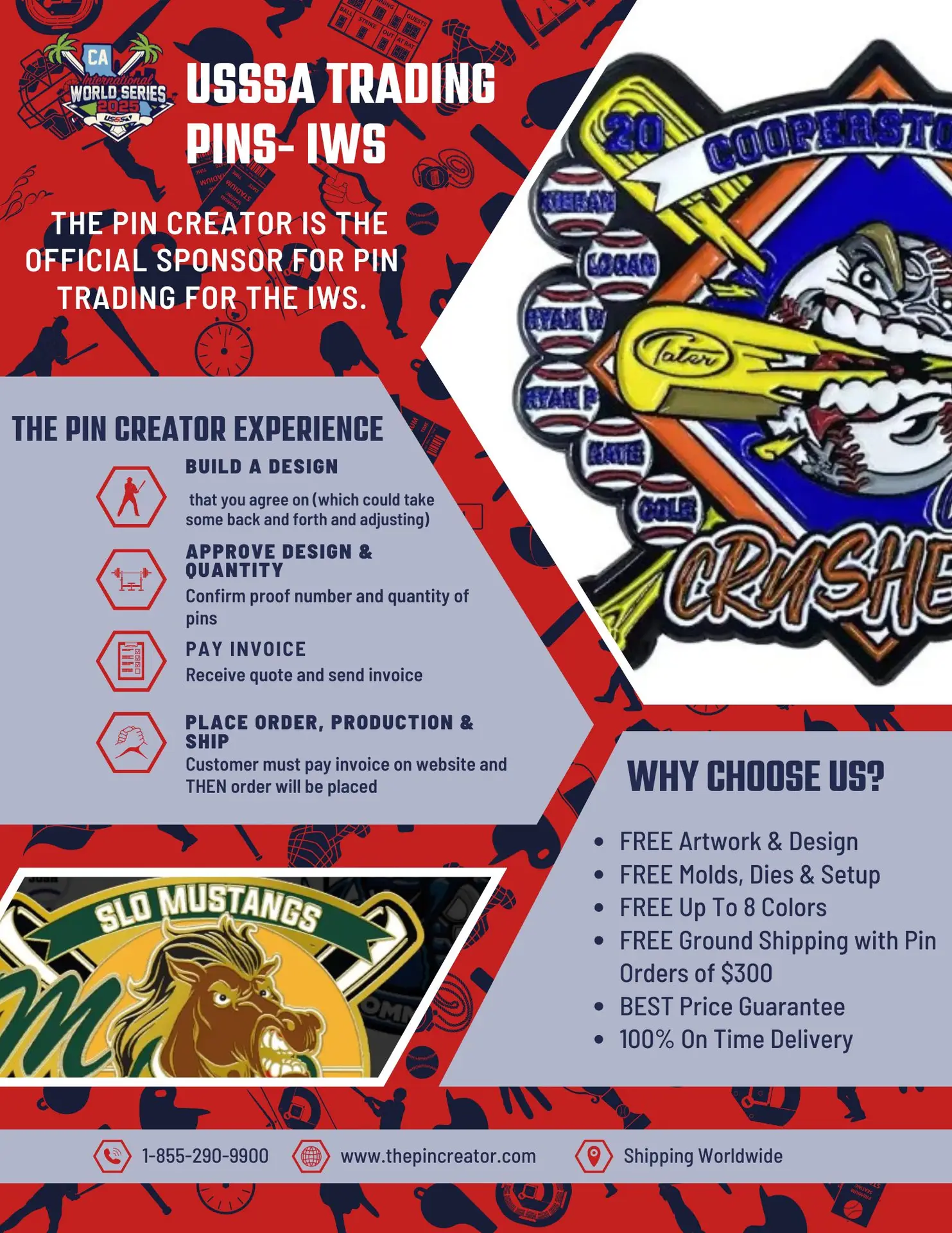 Promotional flyer for USSSA Trading Pins, featuring bold graphics of baseball team mascots and detailed pins. Highlights services like free artwork, quick delivery, and custom designs. Contact information and website listed at the bottom.