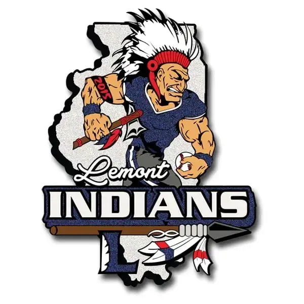 A cartoon Native American mascot in a headdress holds a tomahawk and football, set against an outline of Illinois. “Lemont Indians” is written in bold letters with a feathered spear and Lapel Pins featured below.