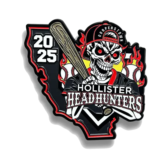 Baseball trading pin logo: grinning skeleton in cap, bat, flames, baseballs, 2025 Hollister Headhunters, map background.