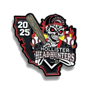 Custom baseball trading pin: California-shaped logo, flaming skull in cap with bat, 2025, baseballs, Hollister Headhunters.