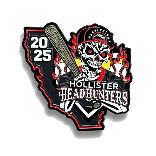 Custom baseball trading pin: California-shaped logo, flaming skull in cap with bat, 2025, baseballs, Hollister Headhunters.