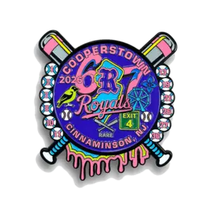 Custom Cooperstown baseball trading pin with bats, baseballs, Royals 2026, bird, ferris wheel, Exit 4, Cinnaminson NJ details.