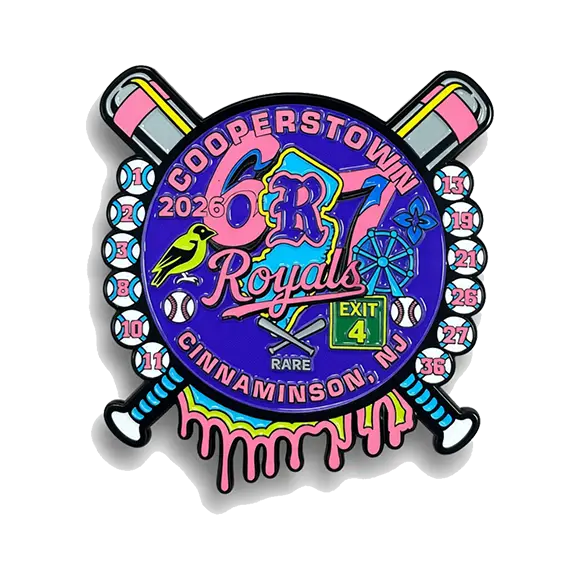 Custom Cooperstown Royals hockey enamel trading pin with bats, baseball, bird, Ferris wheel, 2026, Exit 4, Cinnaminson NJ.