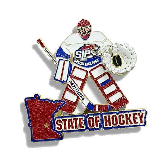 Custom enamel hockey trading pin featuring a goalie, SLP Spring Lake Park Panthers, Minnesota state and "State of Hockey" text.