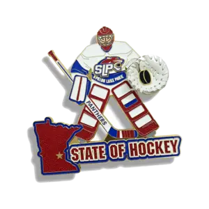Custom hockey trading pin with SLP Spring Lake Park Panthers goalie in red, Minnesota outline says State of Hockey, collectible enamel pin.