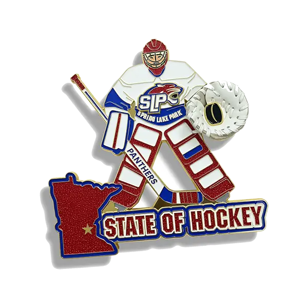 Custom hockey trading pin with SLP Spring Lake Park Panthers goalie in red, Minnesota outline says State of Hockey, collectible enamel pin.