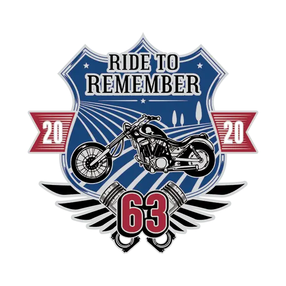 Custom baseball trading pin: motorcycle, blue shield, stars & stripes, "Ride to Remember," 2020, 63 with pistons and wings.