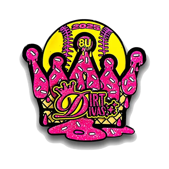 Crown-shaped enamel softball trading pin with pink icing, sprinkles, yellow ball, 2025 8U Dirt Divas—Cooperstown collector pin.